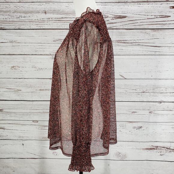 Chico's Herringbone Mesh Sheer Smocked Detail Long Sleeve Top Size 3 - Picture 3 of 11